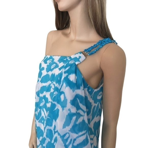 LE Chateau Flowy Chiffon One Shoulder Blouse with simulated turquoise stone - Picture 4 of 12